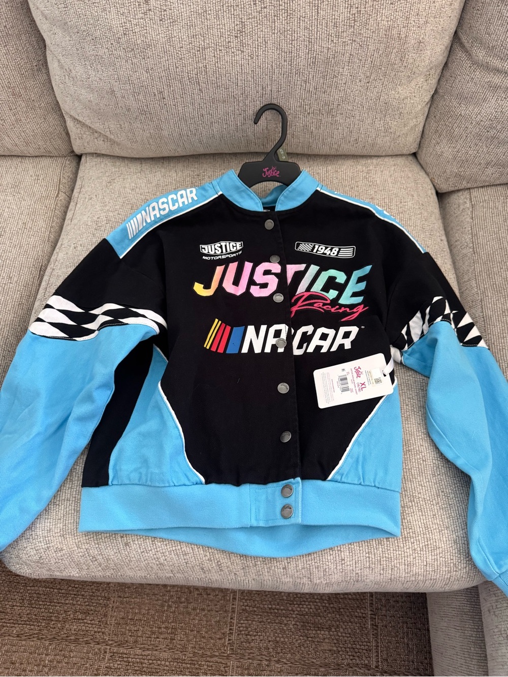 Justice Racing Colorblock Snap Jacket - Black & Light Blue with Multicolor Logo